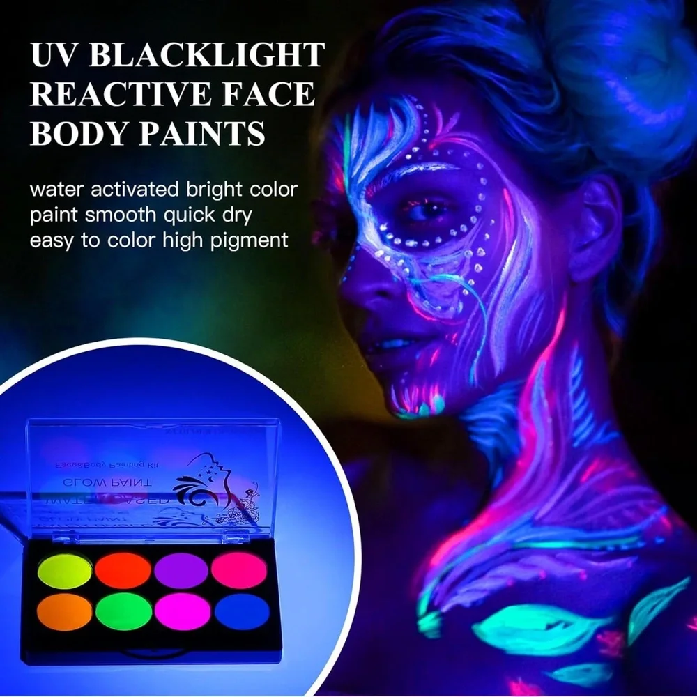 Glow UV Blacklight Face Paint Kit, 8 Fluorescent Colors- Body & Face Painting